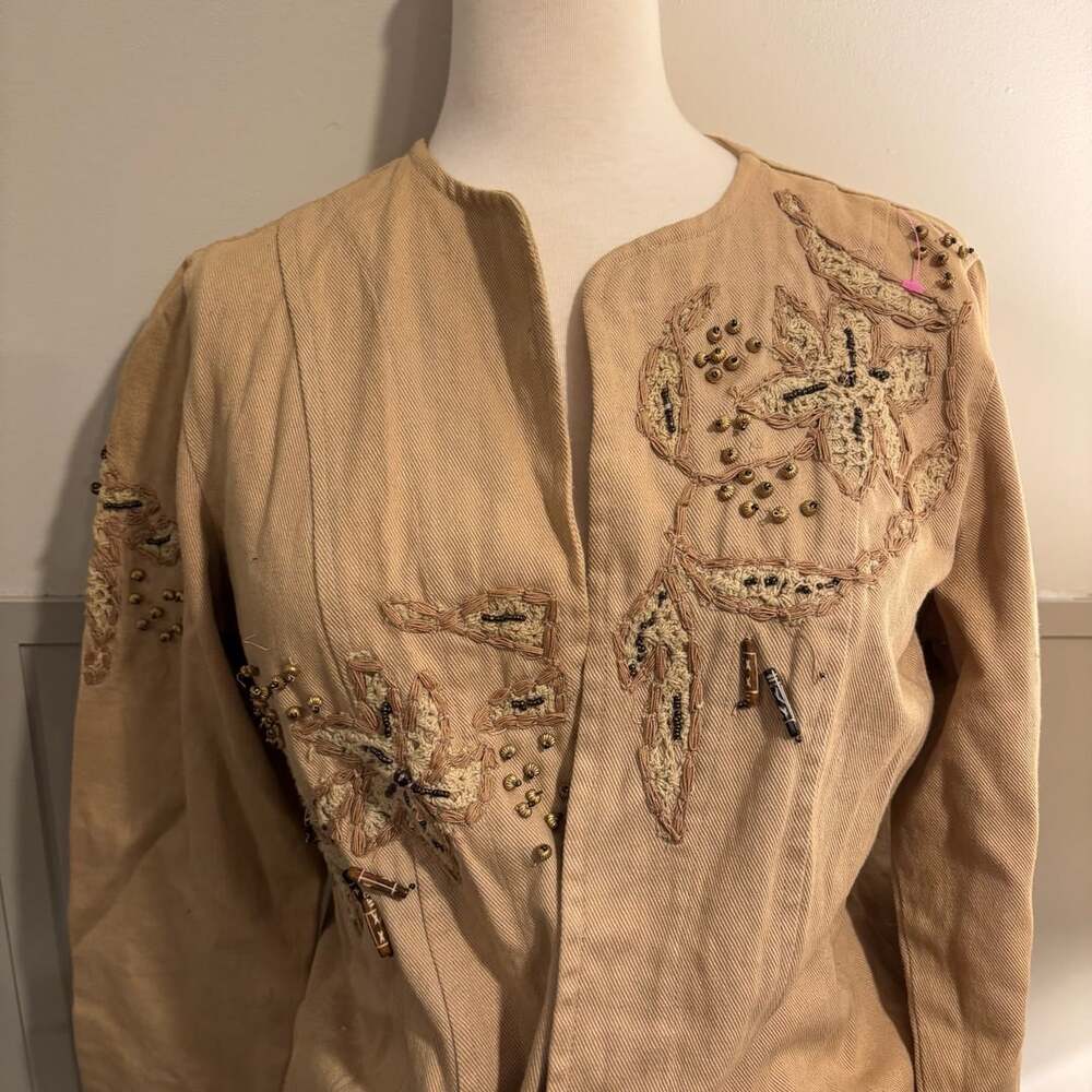Laura Ashley Embroidered Beaded Linen Jacket Tan Size S - Picture 9 of 13